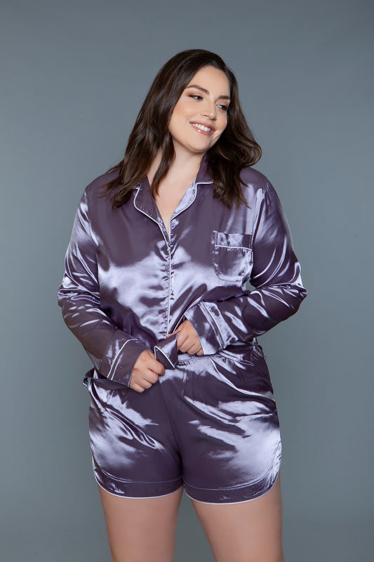 Liz Satin PJ Set – Elegant Two-Piece Satin Sleepwear with Long Sleeves and Shorts