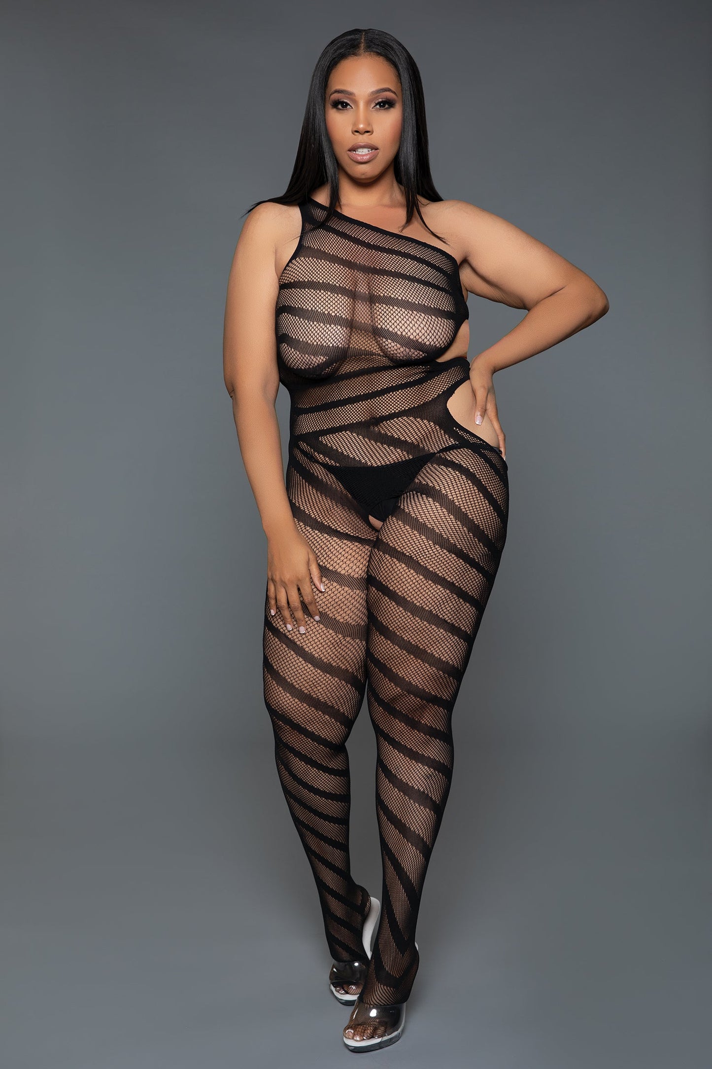 Crazy For You Bodystocking: Bold Cut-Out Asymmetrical Stripe Design