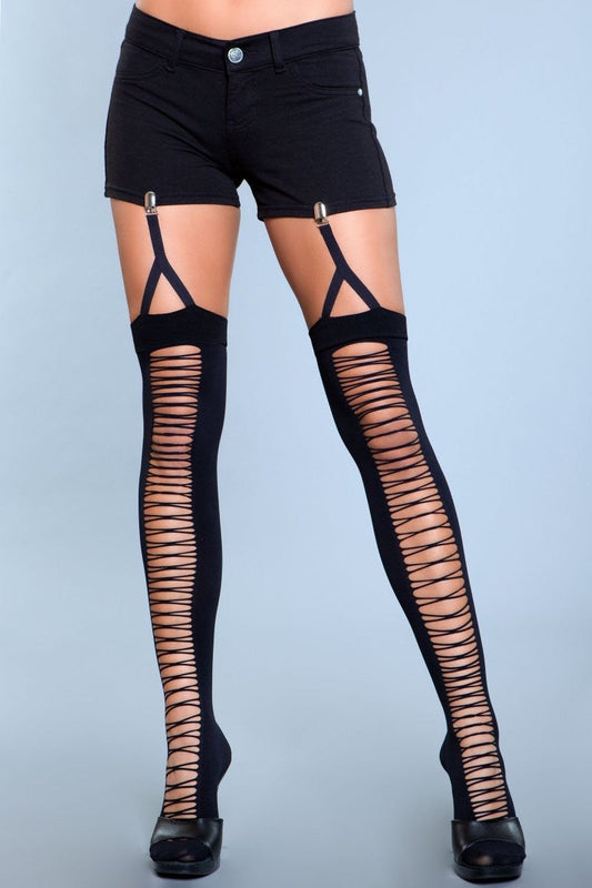 Illusion Clip Garter Thigh Highs – Opaque Thigh Highs with Laser-Cut Front Cage Detail