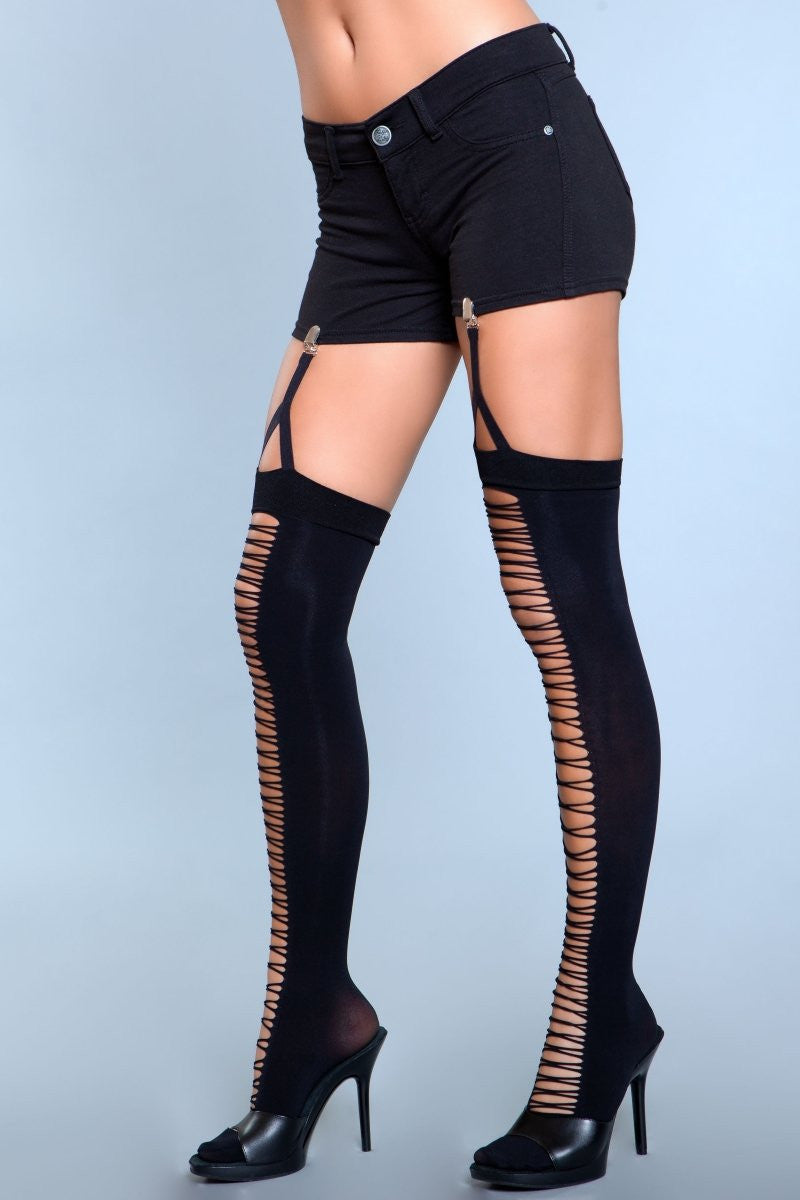 Illusion Clip Garter Thigh Highs – Opaque Thigh Highs with Laser-Cut Front Cage Detail