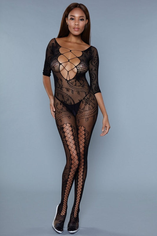 Fire & Desire Plunging Lace-Up Bodystocking with Floral Lace Details