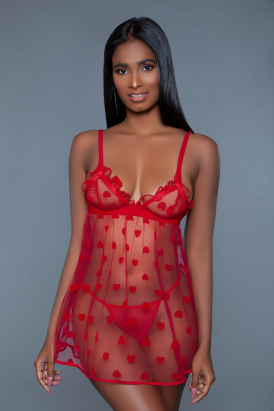 Valentine Babydoll Set – Sexy Heart Pattern Mesh Lingerie with Matching Thong