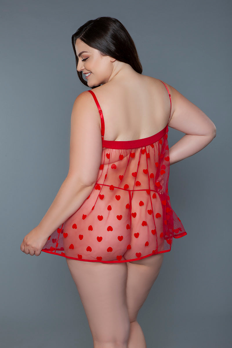 Valentine Babydoll Set – Sexy Heart Pattern Mesh Lingerie with Matching Thong