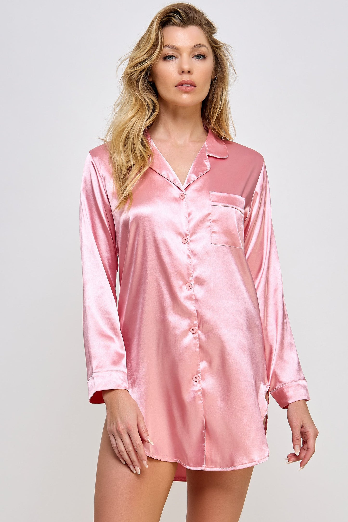 Kimberly Satin Sleepshirt – Luxurious Button-Down Nightwear with Cuffed Sleeves