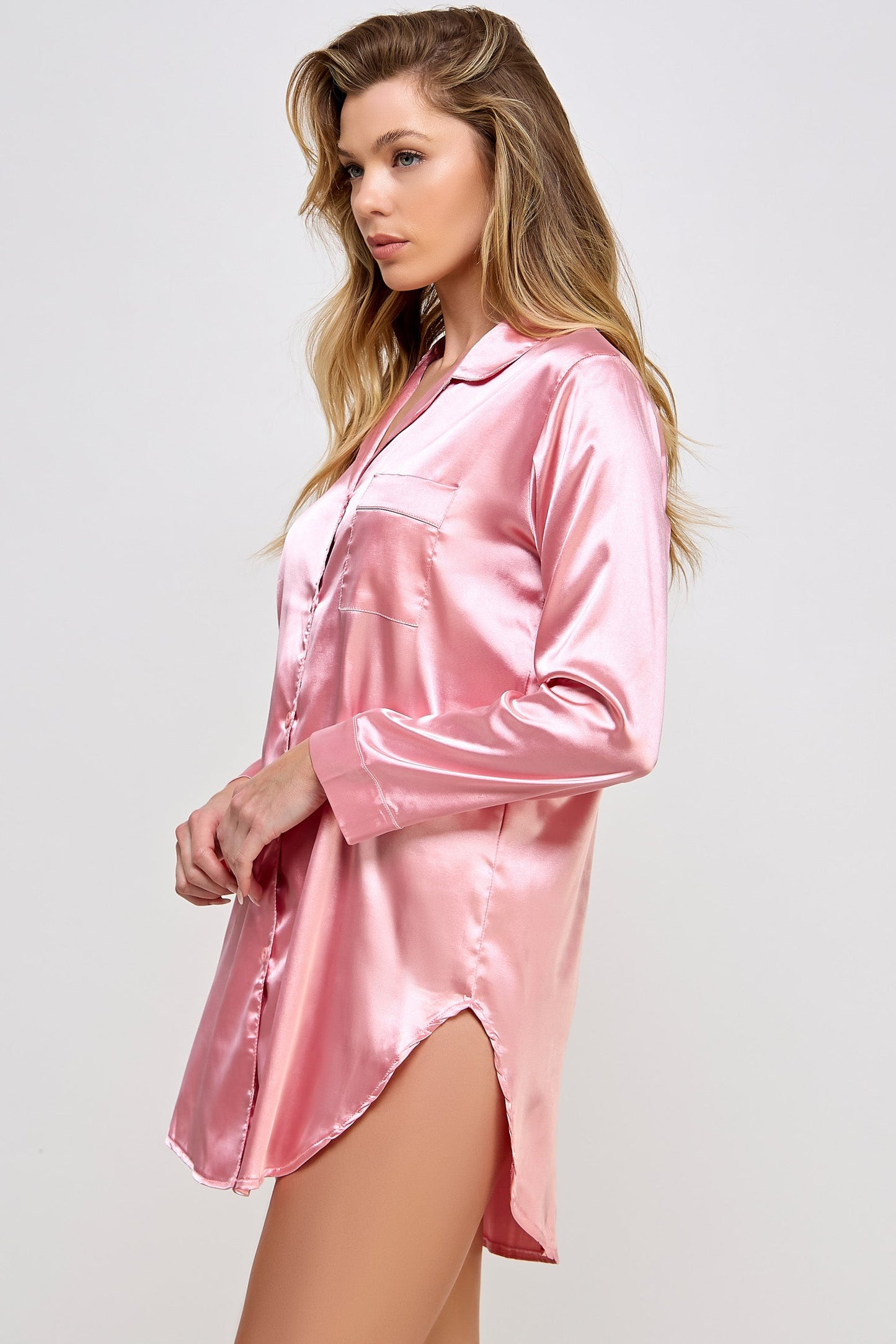 Kimberly Satin Sleepshirt – Luxurious Button-Down Nightwear with Cuffed Sleeves