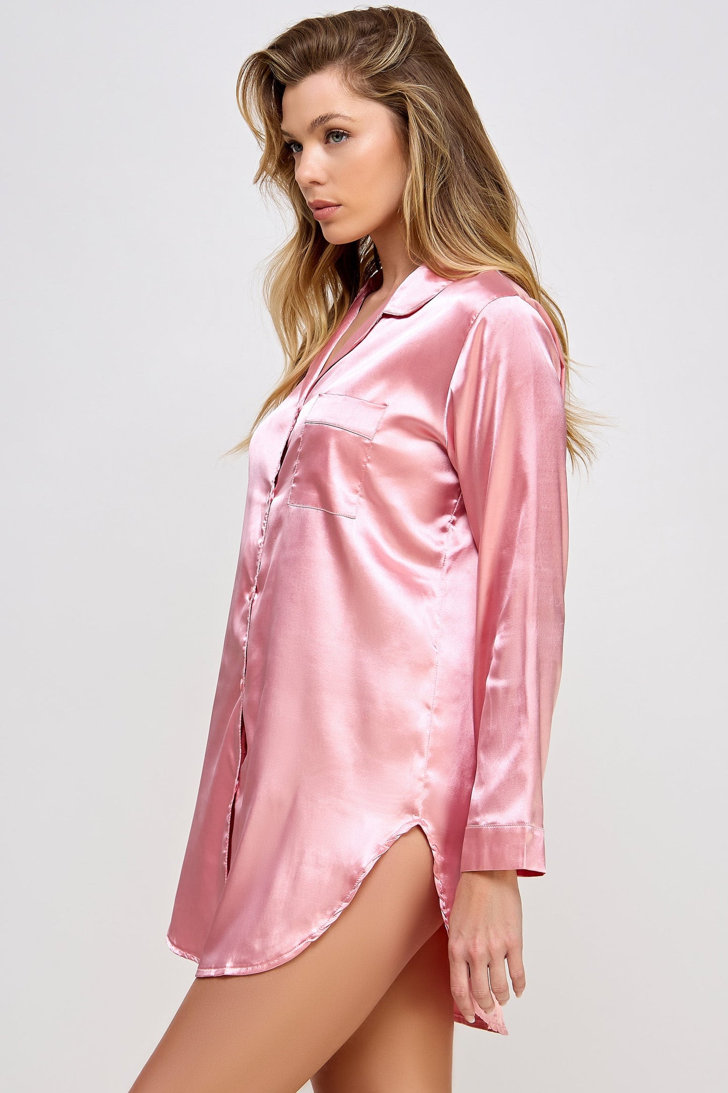Kimberly Satin Sleepshirt – Luxurious Button-Down Nightwear with Cuffed Sleeves