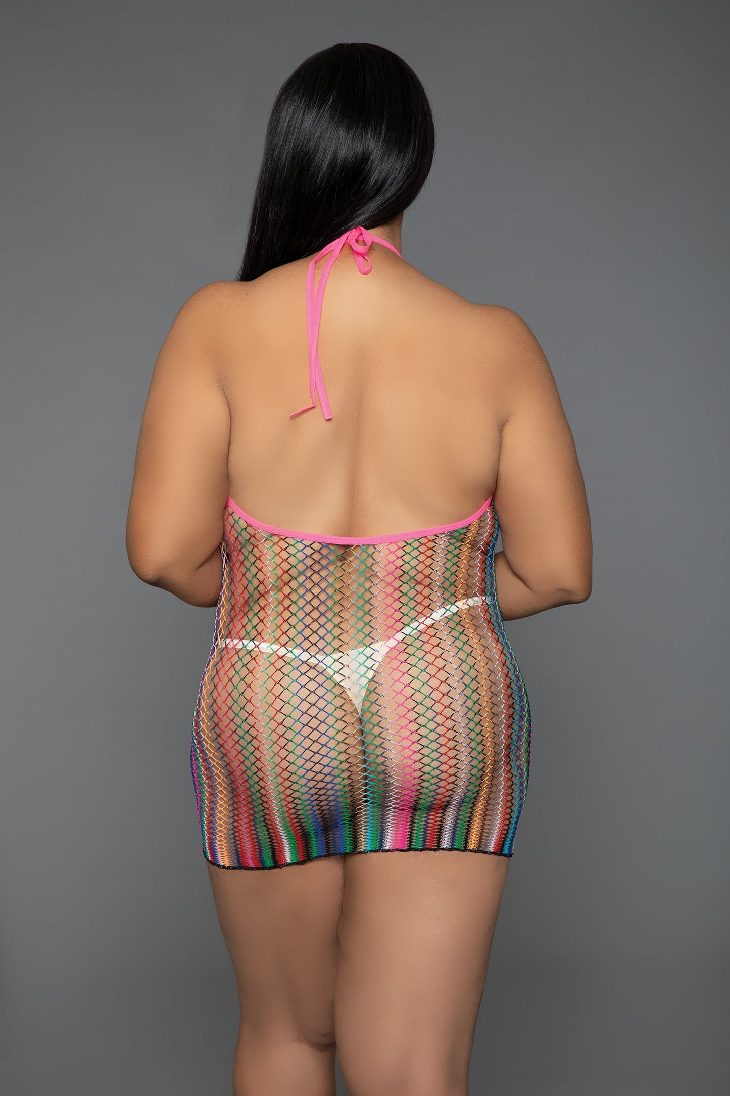 Halter Fishnet Minidress – Sexy Rainbow Bodycon with High Tie Halter Neckline