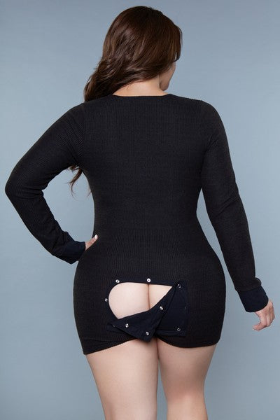 Casey Romper – Cozy Ribbed Henley Romper with V Neckline & Peek-a-Boo Back