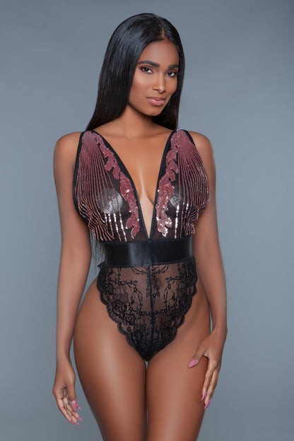 Estella Sequin Lace Bodysuit – Sexy, Glamorous Raspberry Pink Bodysuit with Deep Plunge