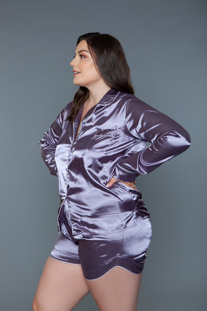 Liz Satin PJ Set – Elegant Two-Piece Satin Sleepwear with Long Sleeves and Shorts