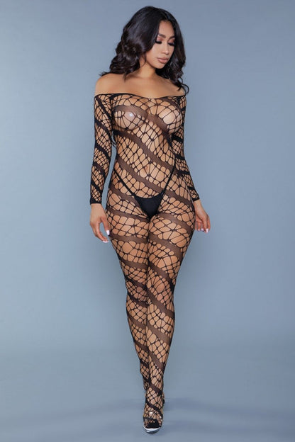 Web of Love Off-Shoulder Bodystocking with Intricate Web Pattern