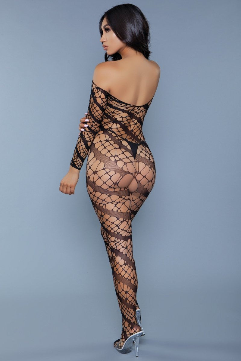 Web of Love Off-Shoulder Bodystocking with Intricate Web Pattern