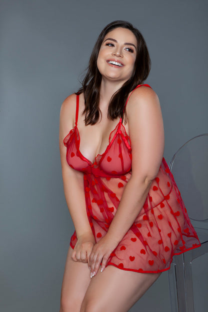 Valentine Babydoll Set – Sexy Heart Pattern Mesh Lingerie with Matching Thong