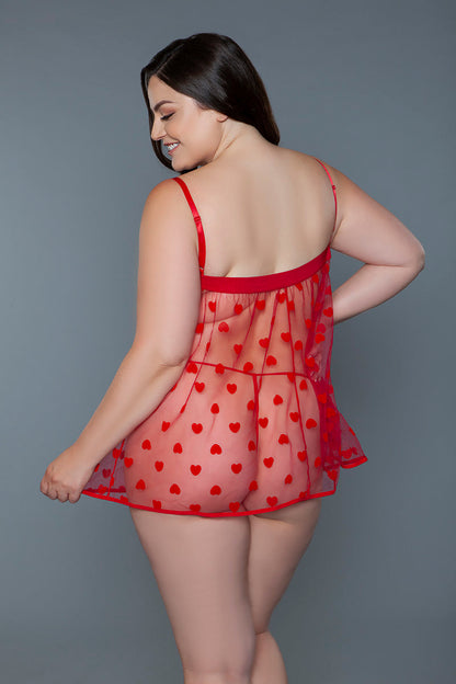 Valentine Babydoll Set – Sexy Heart Pattern Mesh Lingerie with Matching Thong