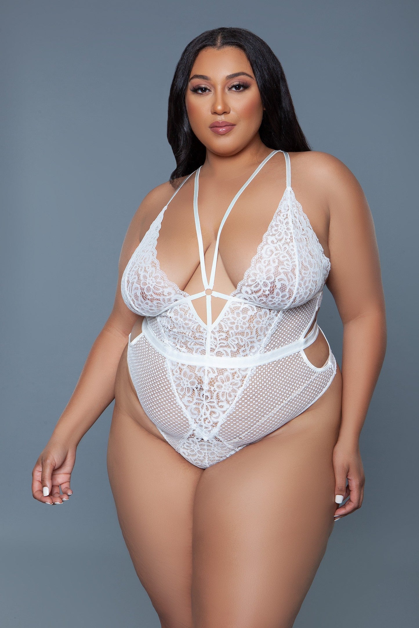 Elise Floral Mesh Bodysuit with Deep Plunge V Neckline and Side Cut-Outs