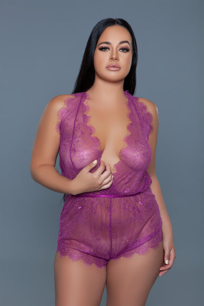Reagan Romper Lingerie: Elegant Lace Romper with Satin Bow Detail