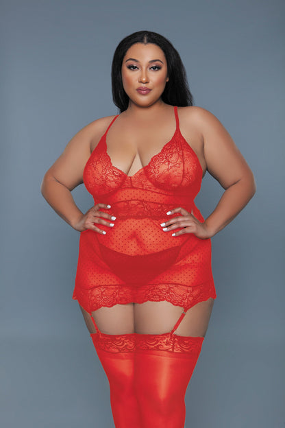 Ryder 2 Piece Lingerie Set: Playful Polka Dot and Floral Lace Chemise
