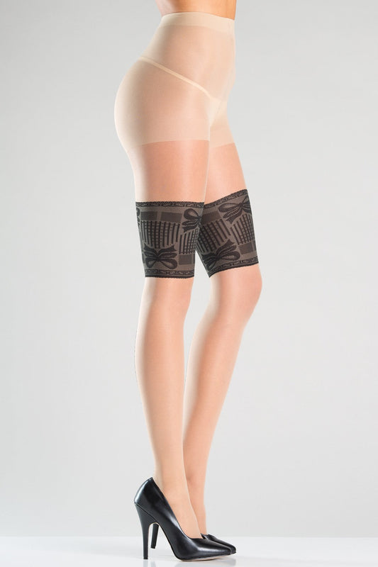 Bow Bands Pantyhose: Faux Lace Top Tights with Backseam
